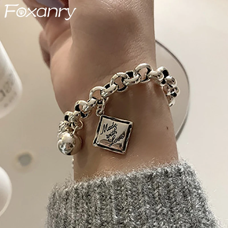 FOXANRY English Letter Tag Punk Brcacelet for Women Couples INS Fashion Vintage Handmade Ball Pendant Party Jewelry Gifts