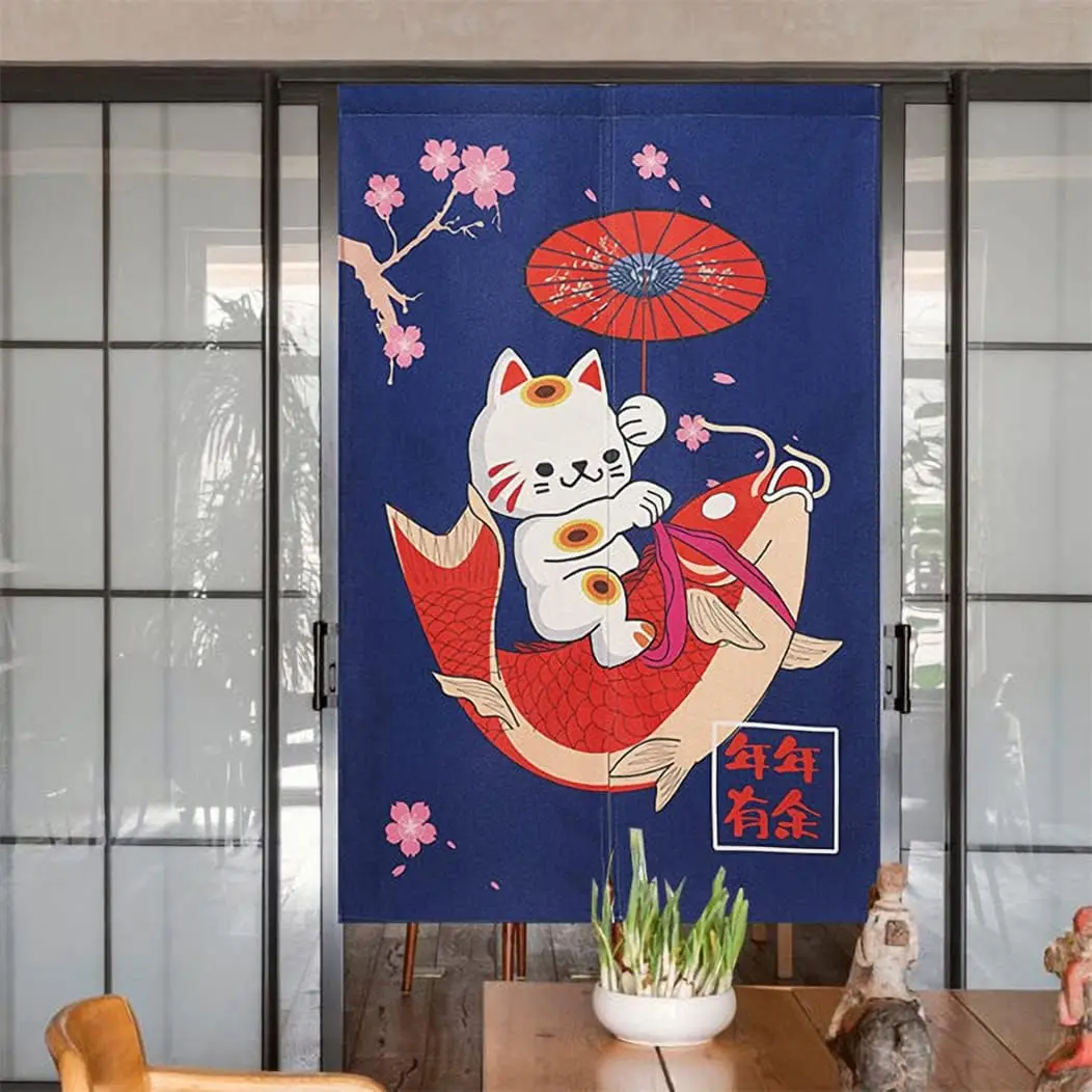 Lucky Cat Noren Curtain, Japanese Style Navy Background Print, Auspicious Room Divider With Maneki-Neko, Koi & Cherry Blossom