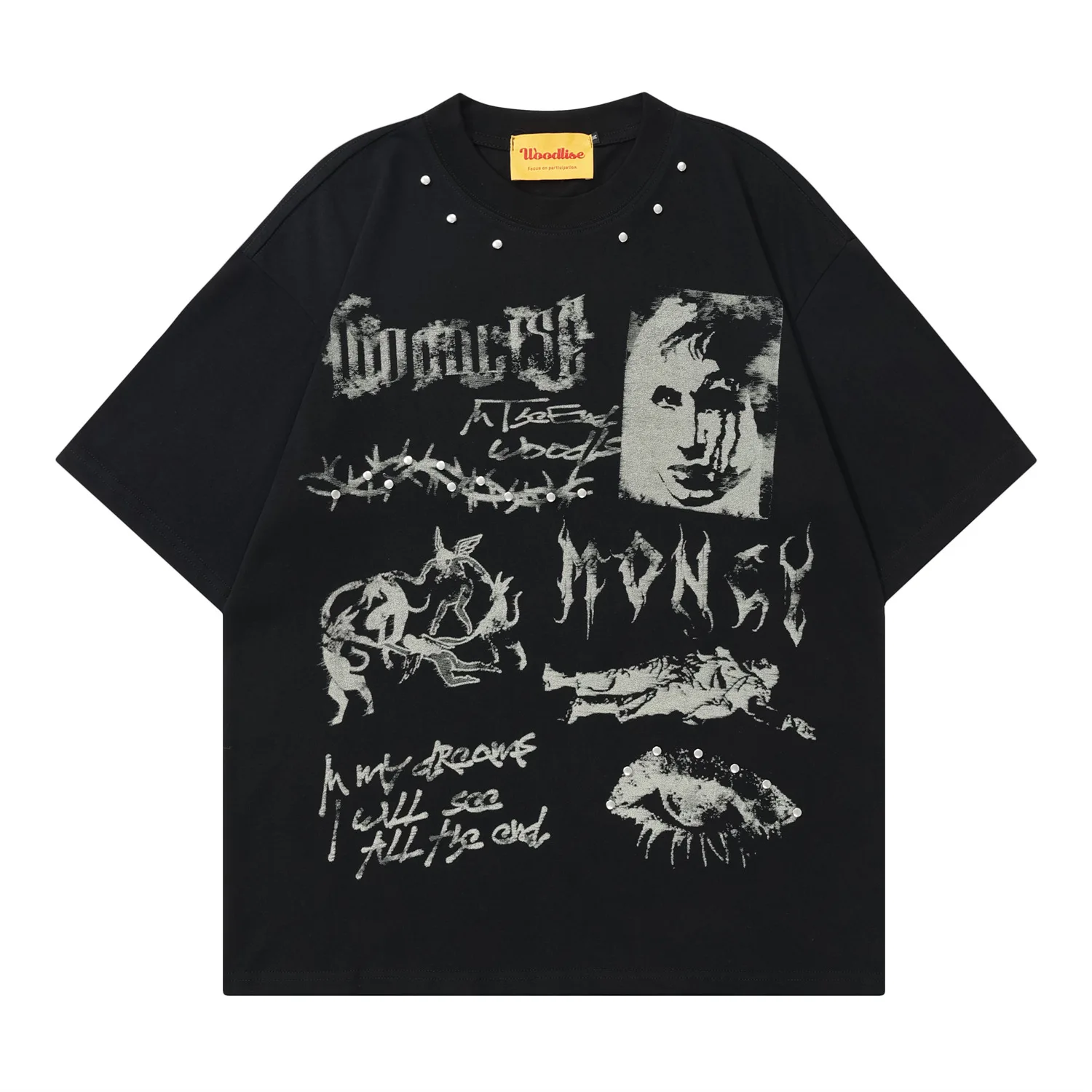 

Fashion High Street Oversized Hip Hop T Shirts With Rivet Summer Printed Tees Streetwear Loose Fit Y2K Short Sleeve Tops