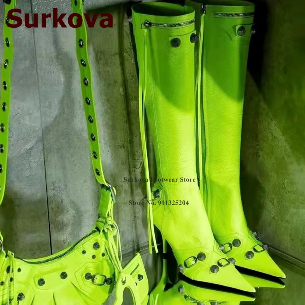 

Surkova Fluorescent Green Metal Buckle Knee High Boots Thin High Heel Pointed Toe Button Fringe Zipper Long Boots Fall Winter