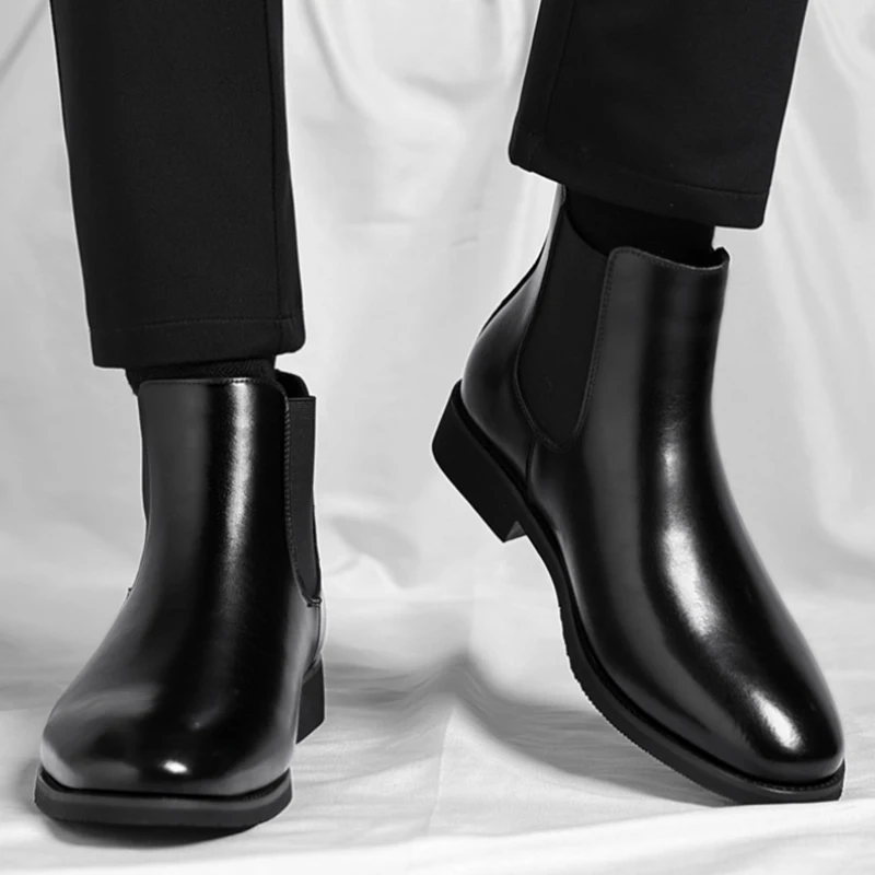 Mens Brown Chelsea Boots Genuine Leather Elastic Band Slip On Ankle Boots British Style Formal Casual Dress Footwear Fashion