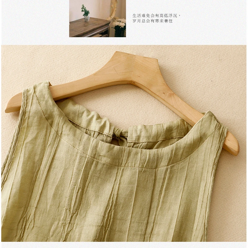 Summer Retro Loose Women Pleated Tank Top Cotton Linen Loose Breathable Solid Color Vintage Sleeveless Tops Outer Wear Crop Tops