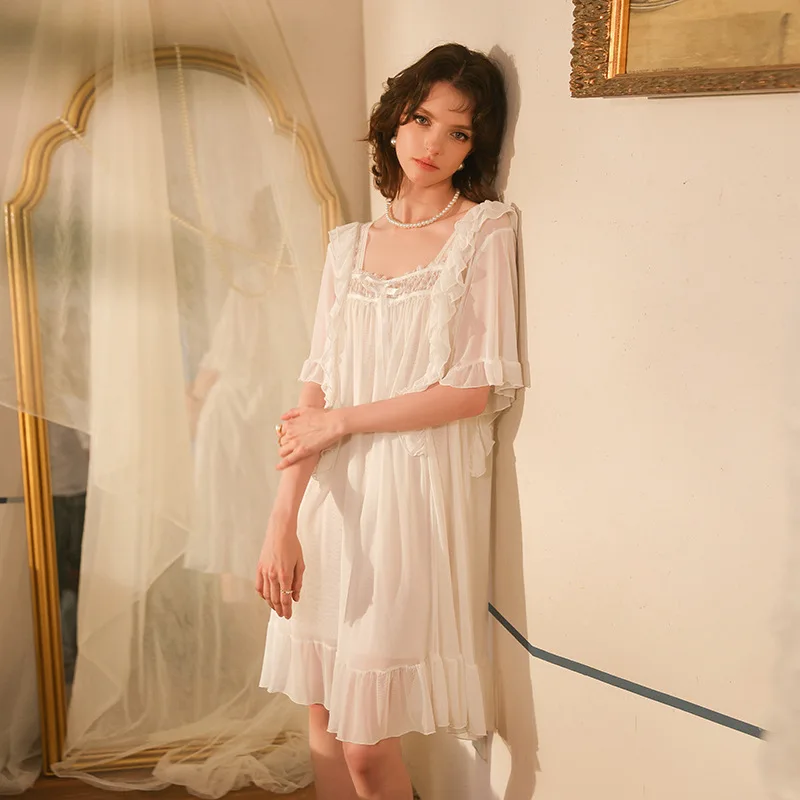 Sweet and cute fairy style sexy mesh nightgown women's lace short-sleeved mid-length skirt summer home wear