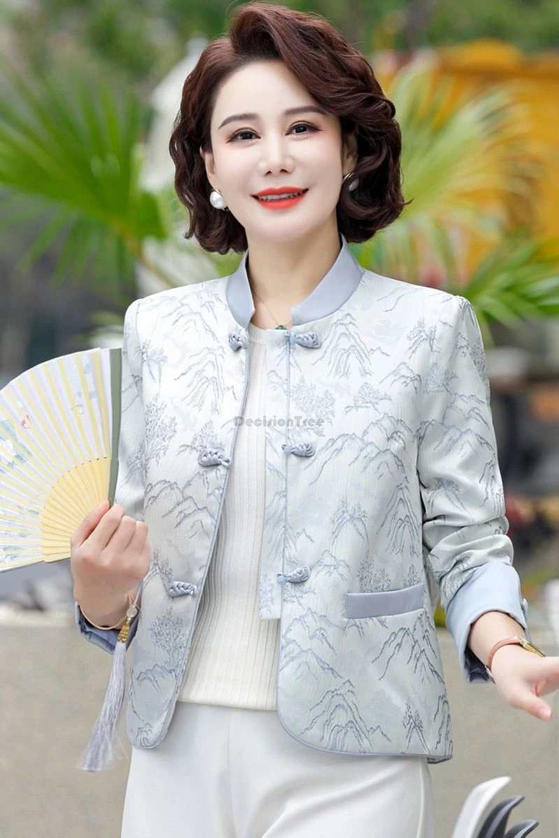 

2025 chinese retro fashion style women spring new long sleeve stand collar jacquard jacket cheongsam button tang suit blouse t1