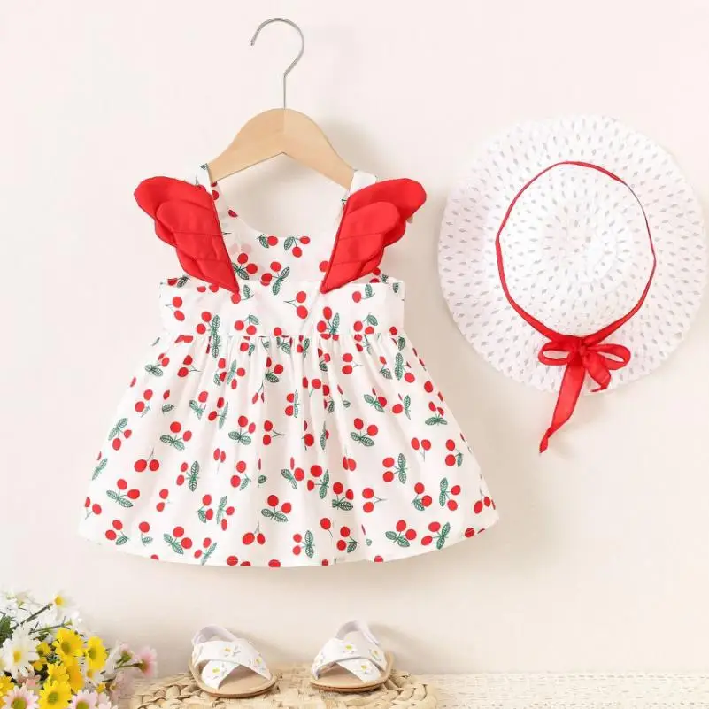 Dot Printing Kids Dresses Baby Girls  2025 Summer New Fashion Sweet  Broken Flower With Hat Beach Holiday Children Girls Dress