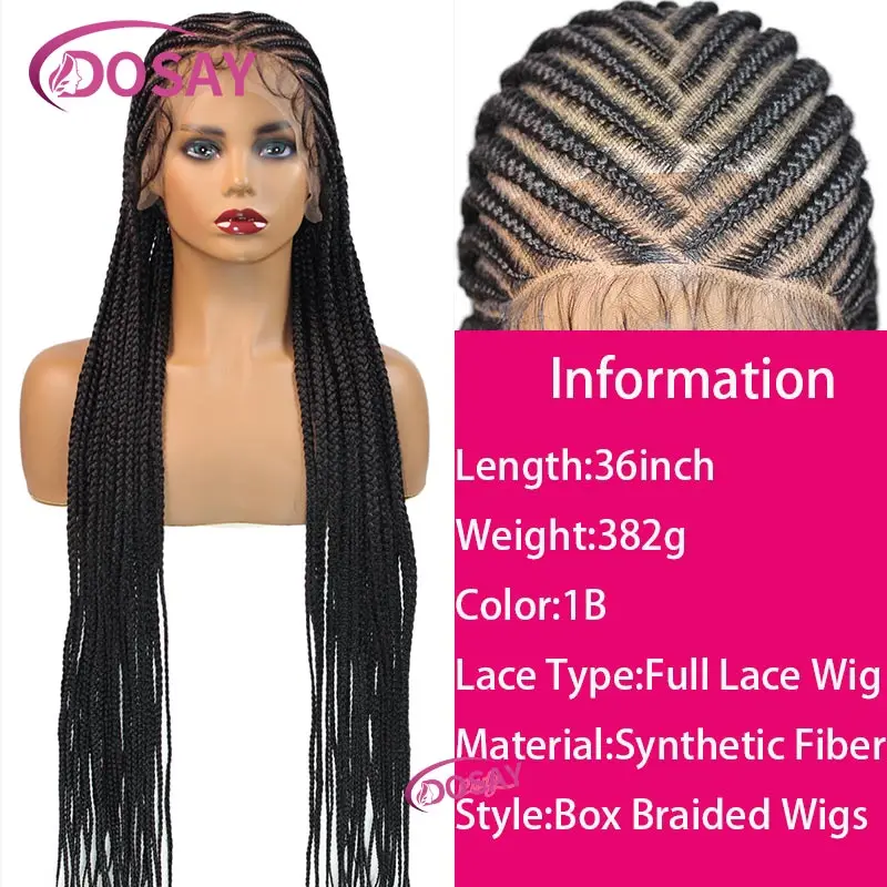 36" Synthetic Full Lace Braided Wigs For Black Women Knotless Box Braided Wig Cornrow Full Lace Frontal Braids Wig African Hair