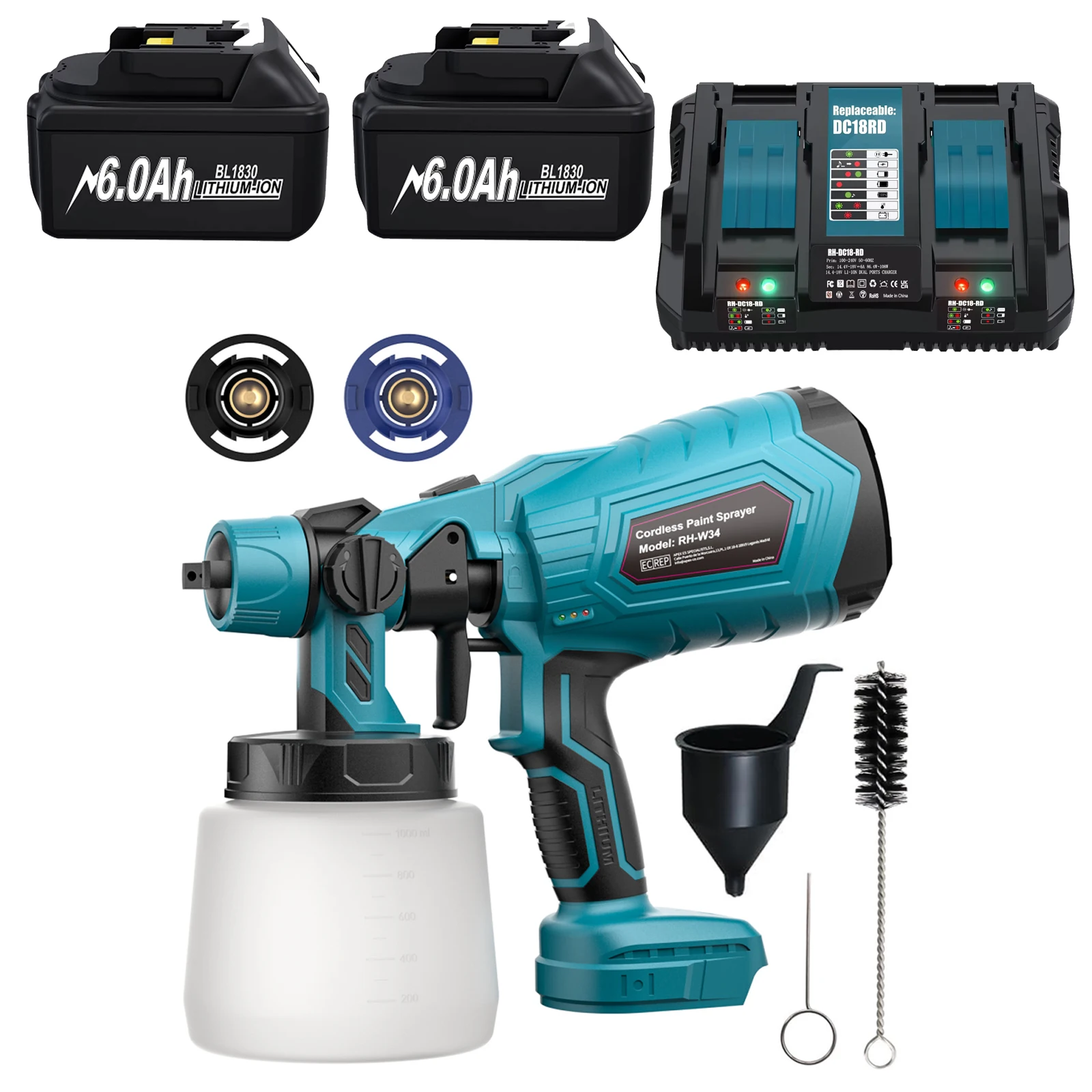 1000ML Kabellose elektrische Farbspritzpistole für Makita 18V Ersatzakku Farbspritzpistole kabellos für Makita BL1830 Akku