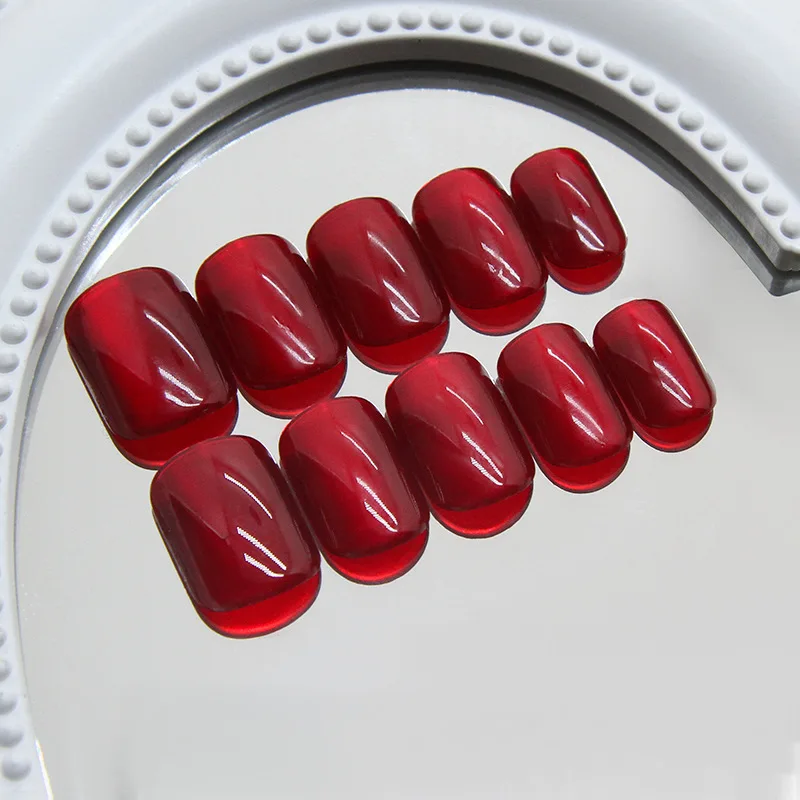 24 قطعة من الأظافر المزيفة الصلبة الحمراء مع علامات تبويب لاصقة عين القطة جميلة من الأكريليك اضغط على الأظافر القصيرة المربعة للعطلات أظافر لاصقة كاذبة