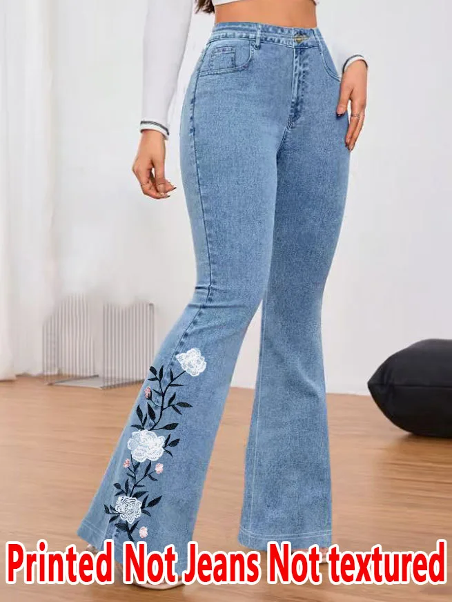 1290 [Printed Pants - Not Faux Denim Fabric]2D Printed Faux Effect, Printed Flared Trousers - Non-Faux Denim Fabric,