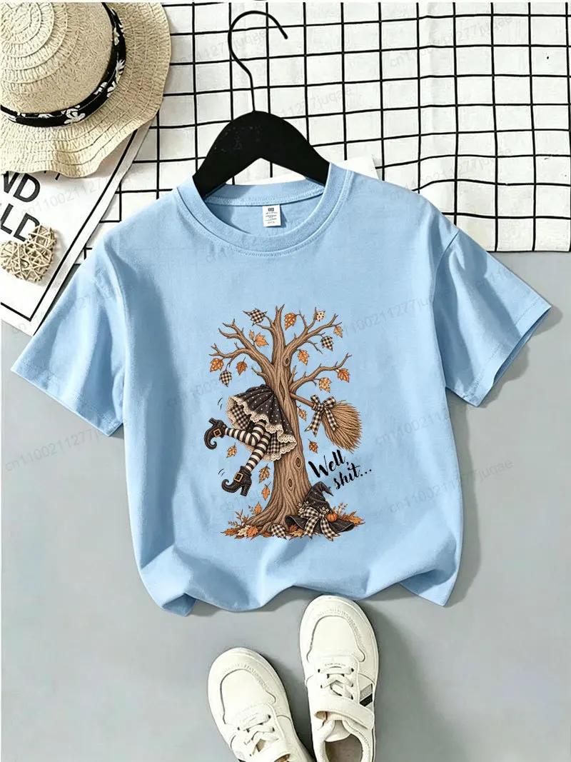 Well Shit Funny Witch Printed Kids Tee Dark Humor Halloween Cotton Boys Girls T-shirts Spooky Season Party Child Clothing Gifts
