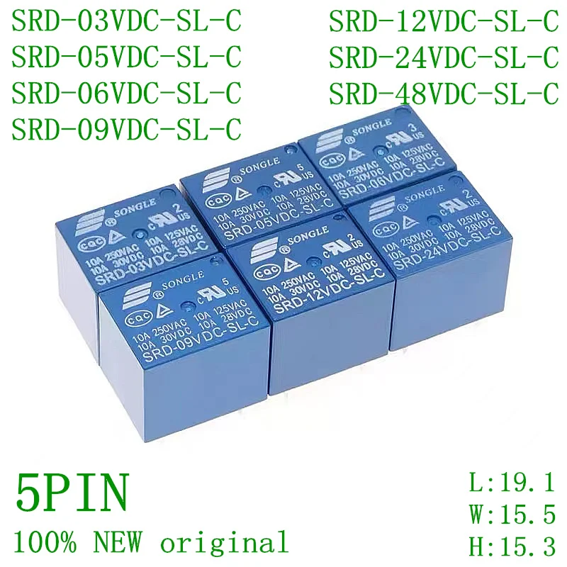 50CS/lot Relay SRD-05VDC-SL-C SRD-09VDC-SL-C SRD-12VDC-SL-C SRD-24VDC-SL-C 5V 9V 12V 24V 48V 10A 250VAC 5PIN T73