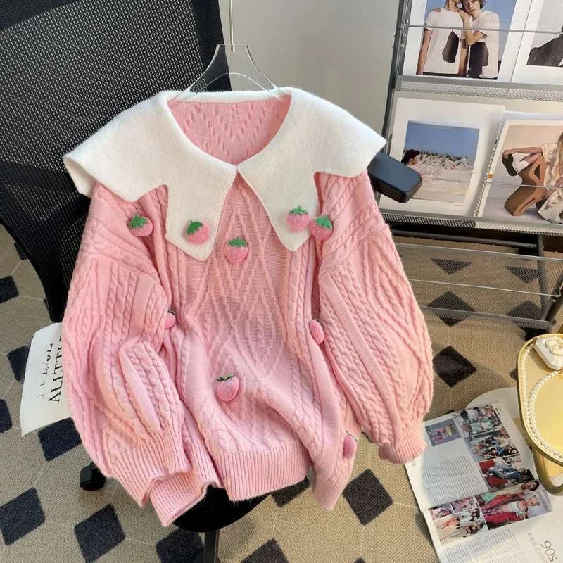 DAYIFUN Sweet Knitted Pullovers Women 2024 Strawberry 3D Decoration Sweaters Autumn Winter Doll Neck Loose Versatile Jumpers Top