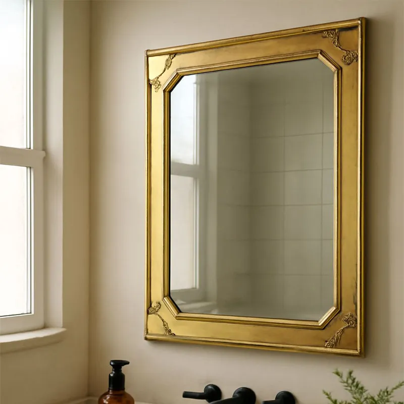 & Custom Wood Mirror American Vintage Vanity Wall-Mounted Square Smart Makeup French-Style Minimalist LED Light Living Room Ome