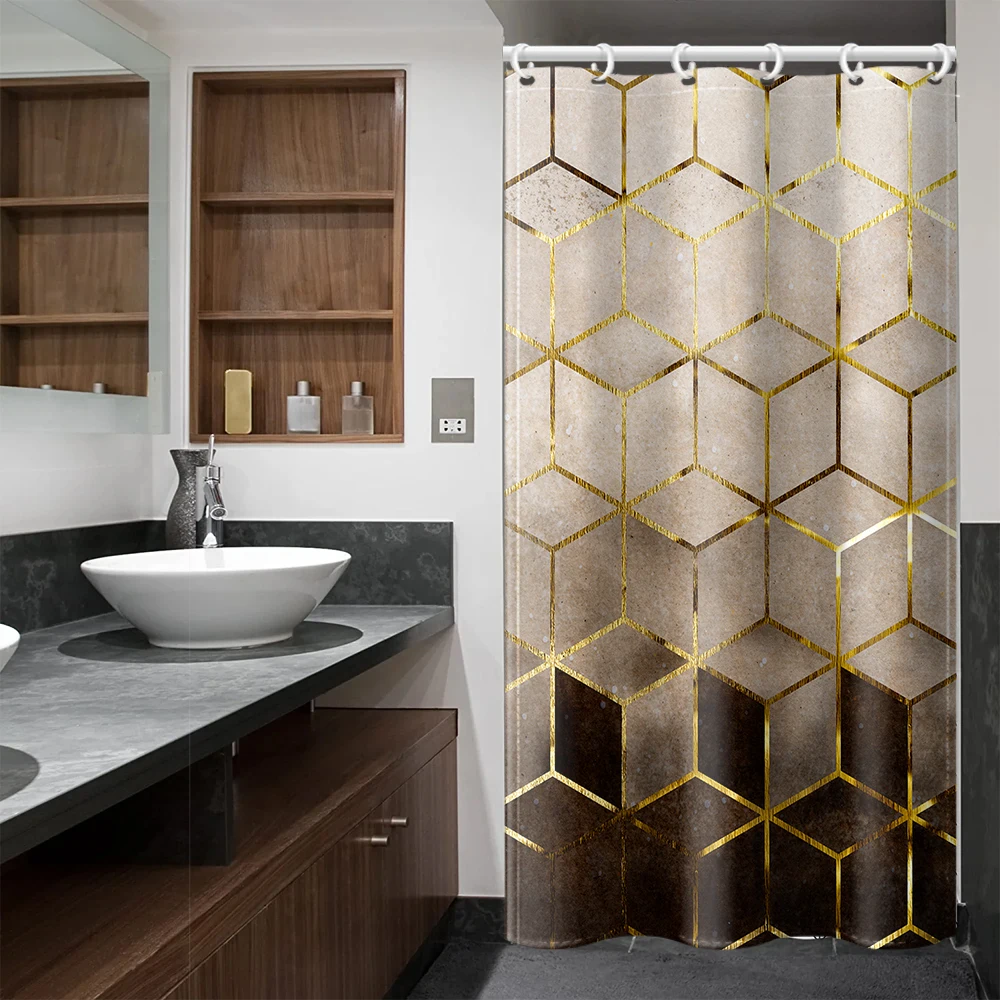 Brown Honeycomb Lattice Shower Curtain Waterproof Printed Bathroom Partition Decorative Curtain With Plastic Hook