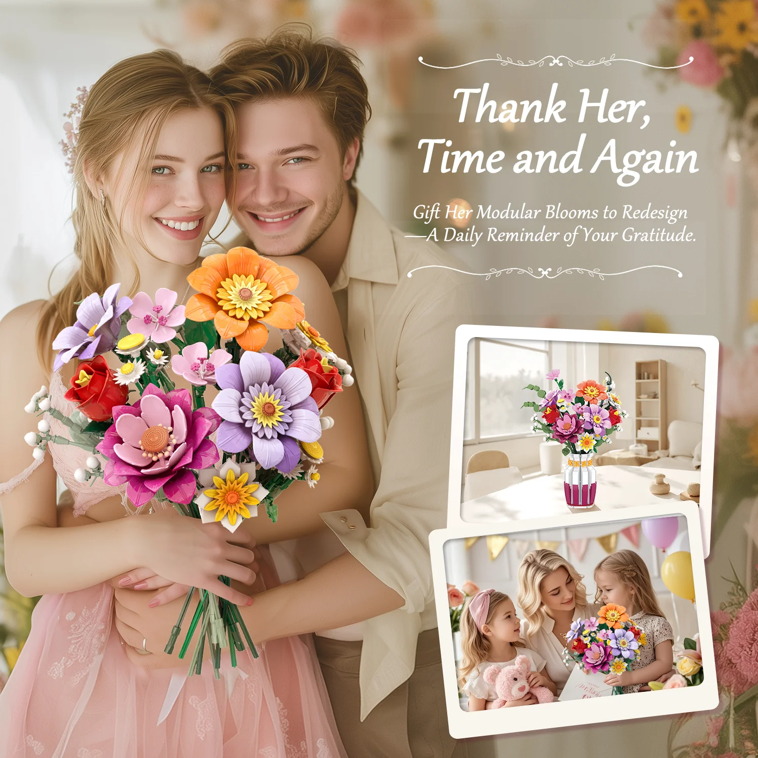 1278 Elementów Klocków Wiosenny Bukiet Kwiatów z Wazą Model Cegiełki Dekoracja na Biurko Zabawki DIY dla Dzieci Prezenty Świąteczne