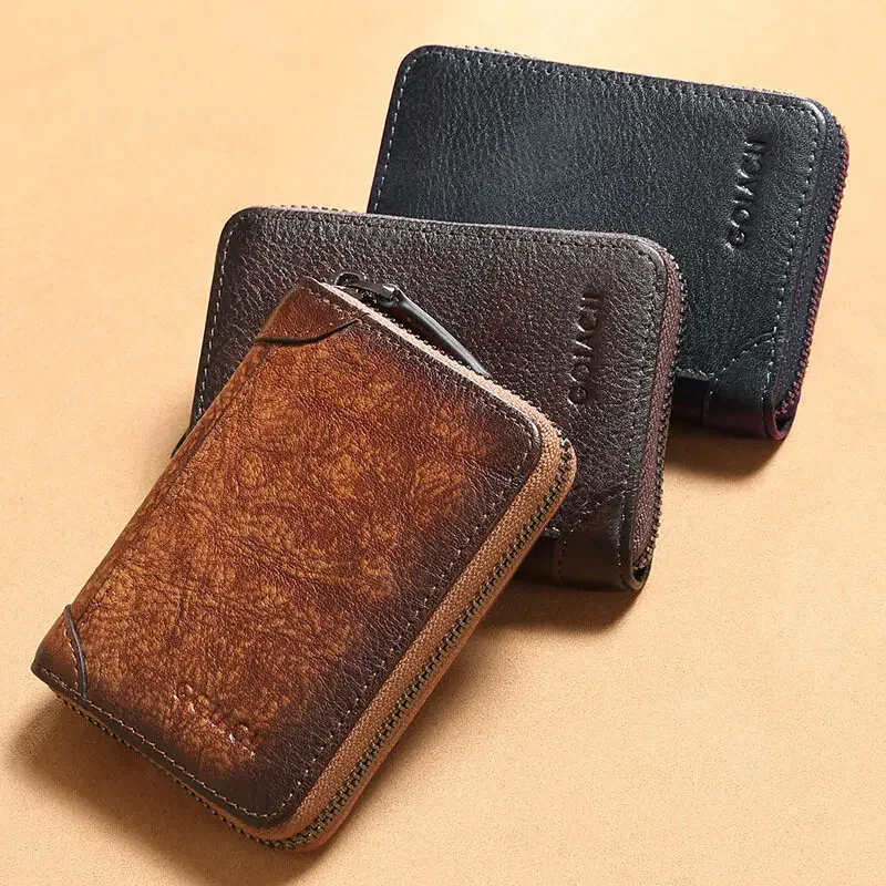 12 Card Slots VIP Bank Credit Card Holder Zipper Wallet Slim First Layer Cowhide Genuine Leather RFID Purse Wallet for Men