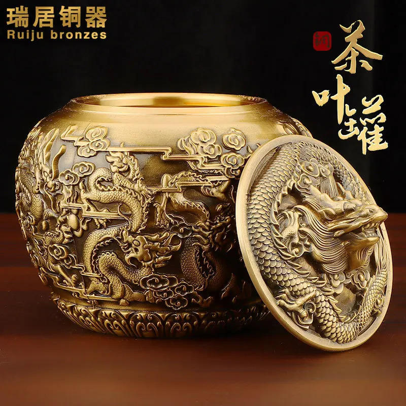 Recipiente de té rico de cien bendiciones de latón puro con tapa, tarro de arroz de latón, cuenco del Tesoro Extra grande, caja de té