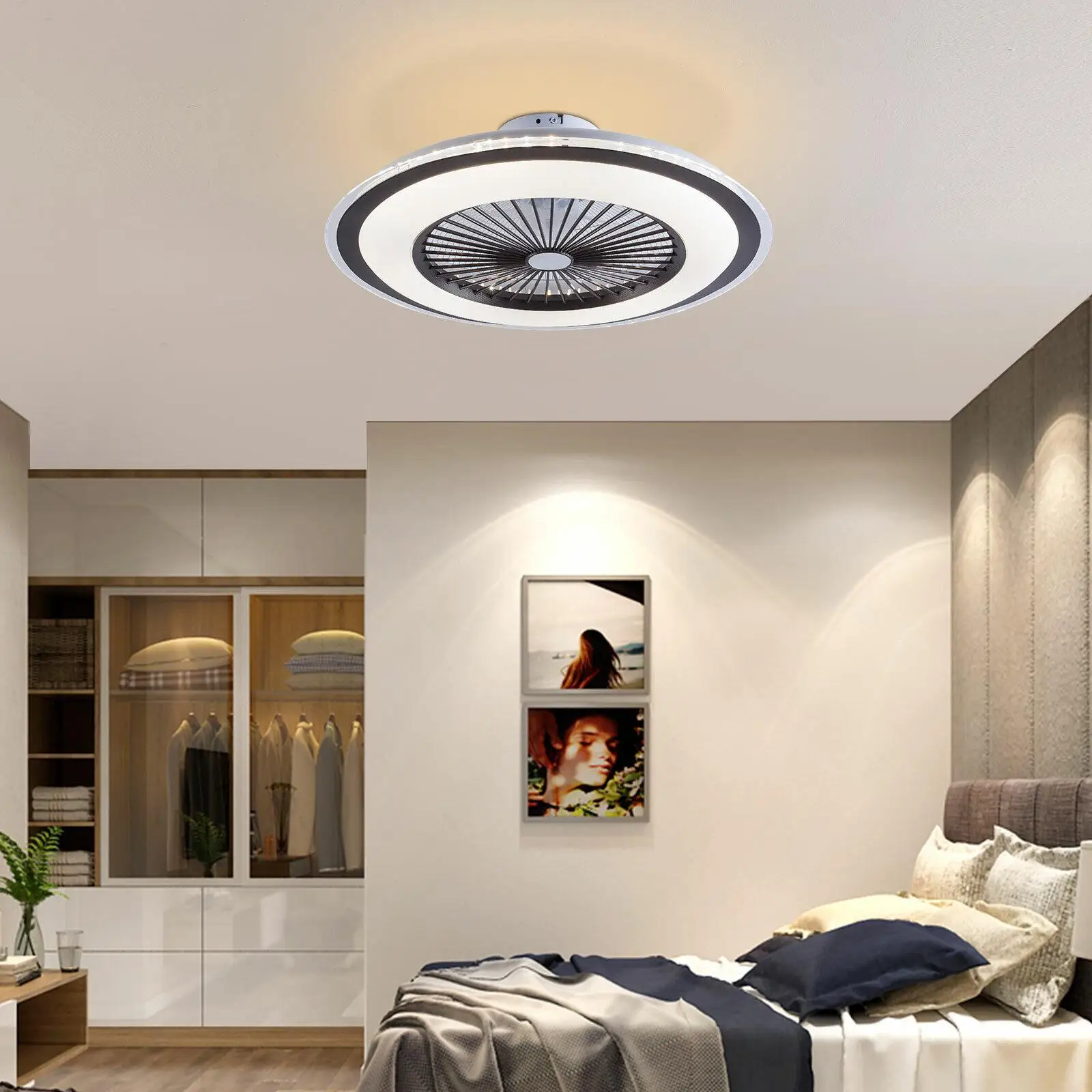 

Modern Ceiling Fan Light Kit Flush Mount 3 Speed LED Lamp Dimmable W/Remote Bedroom