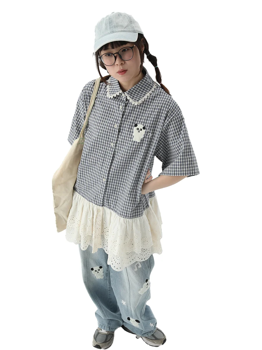 

Блузка Sweet Sle Panda с вышивкой, многофункциональная, для многослойного ношения, с двухцветной кружевной отделкой, эффект стройности, из смесового хлопка