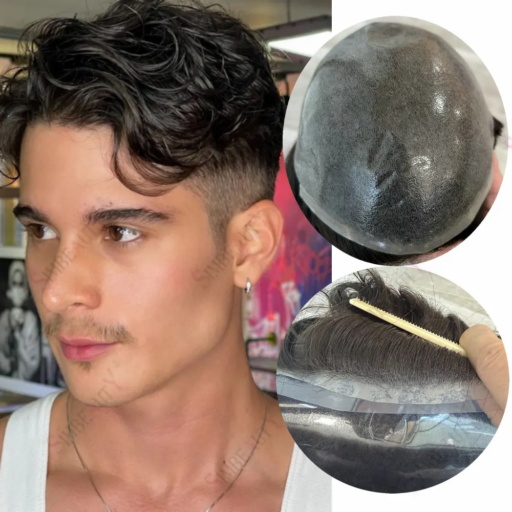 

7inches 1b Off Black 0.1MM Handmade Injection PU Man Toupee Human Hair System Unit Undetectable Thin Skin Capillary Prosthesis