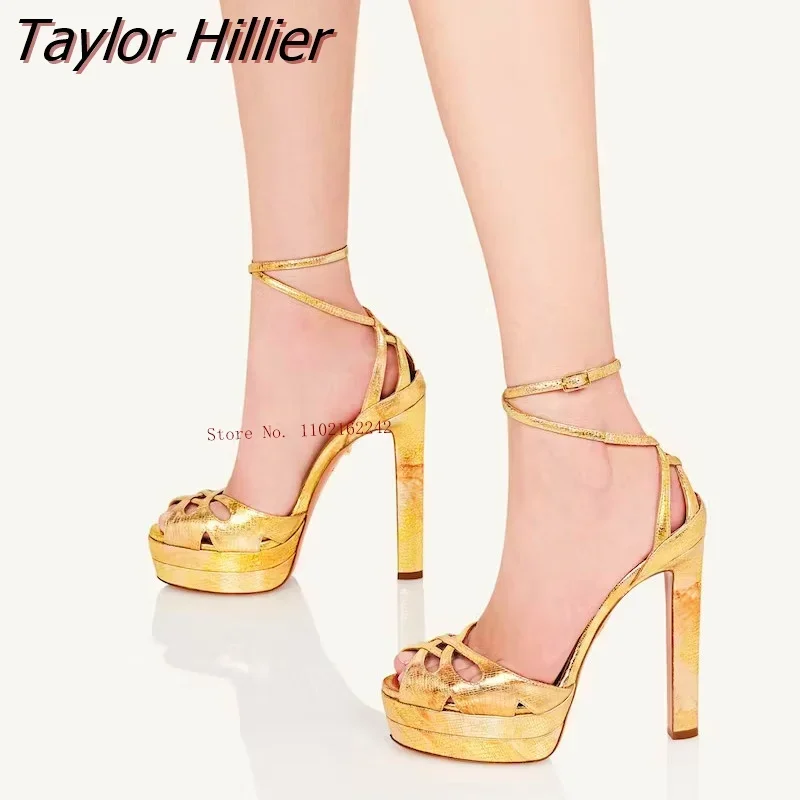 New Summer Water Platform Open-Toed Sandals Women\'S Gold Fashion Thick Heel Cross Buckle Strap Sandals Simple Sexy All-Match 46