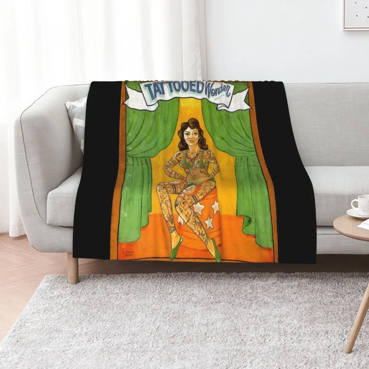 TATTOOED WONDER : Vintage Circus Sideshow Advertising Print Throw Blanket Custom Flannel Decorative Sofa Sofa Throw Blankets