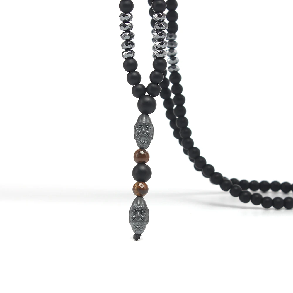 Black Obsidian Round Beads Hematite Old Man Head Pendant Y Necklace Men\'s Jewelry