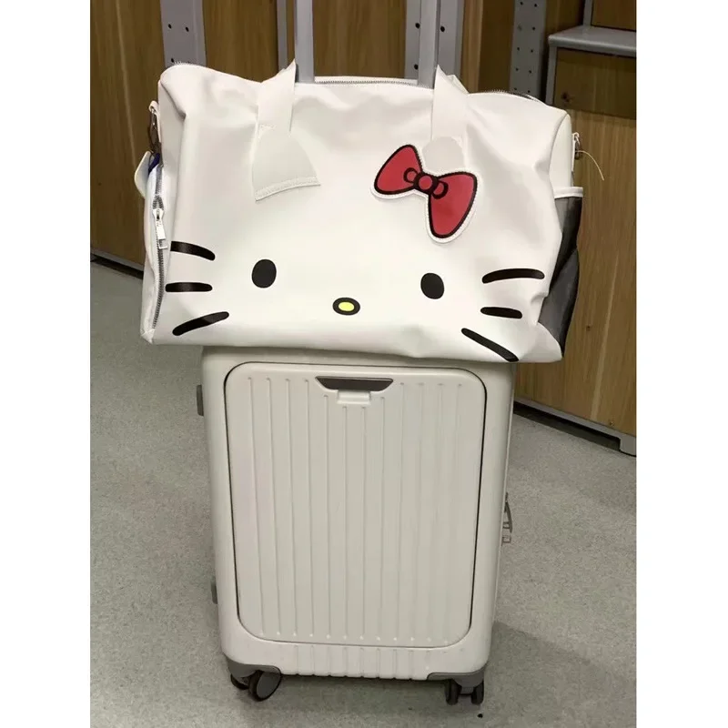 Sanrio Hello Kitty Women's Travel Bag Bow Cute KT Large Capacity Short Trip Luggage Storage Shoulder Travel Bag Zipper Tote Bag