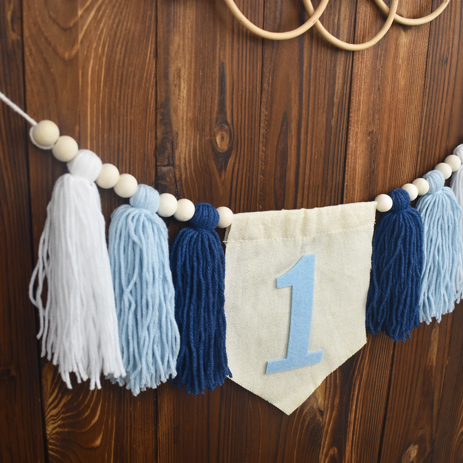 1st Birthday High Chair Banner Blue Birthday Party Decorations For Children Handmade Wooden Bead Tassel Garland Photography Prop