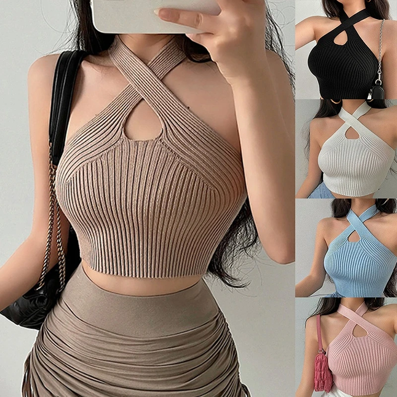 

Sexy Cross Vest Crop Tops Women Sports T-shirt Knitted Off Shoulder V-Neck Solid Backless Tank Vest Halter y2k Top Camisole 2023