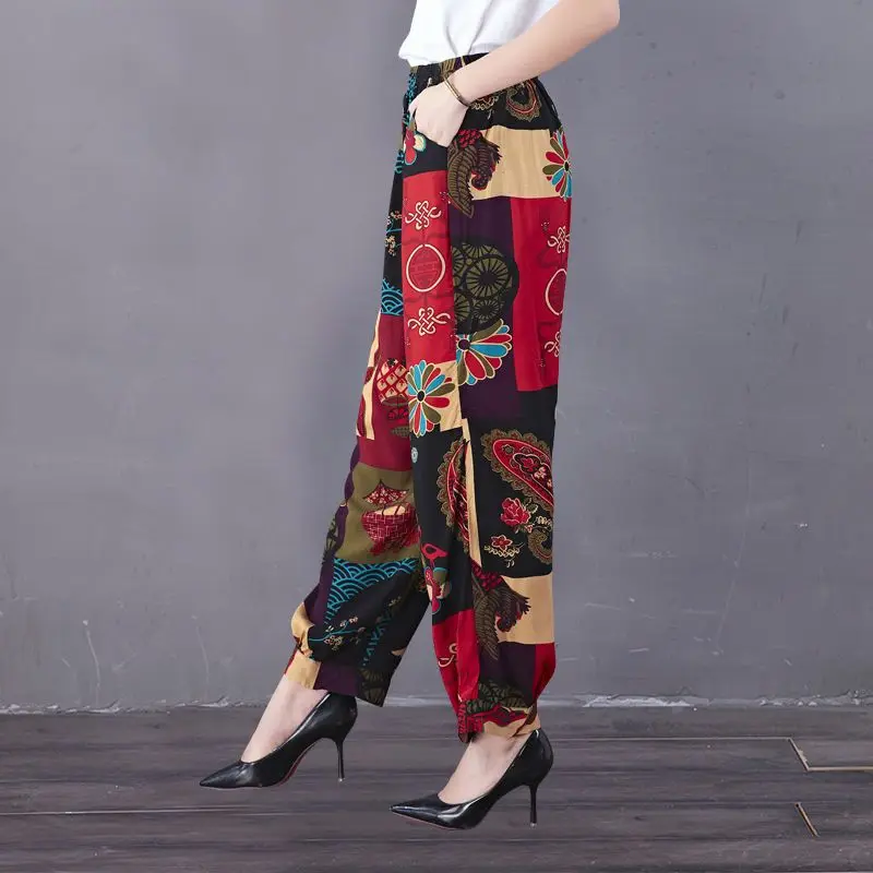 

Vintage Spring Summer Women's Plus Size Loose Cotton Silk Wide-Leg Bell-Bottom Pants Casual Ethnic Style Square Dance Long Pants