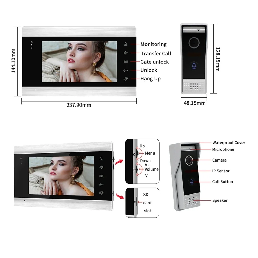 720P Video Door Phone Home Intercom System Wireless WiFi Tuya Smart Video Doorbell 7 Inch With Wired Video intercom