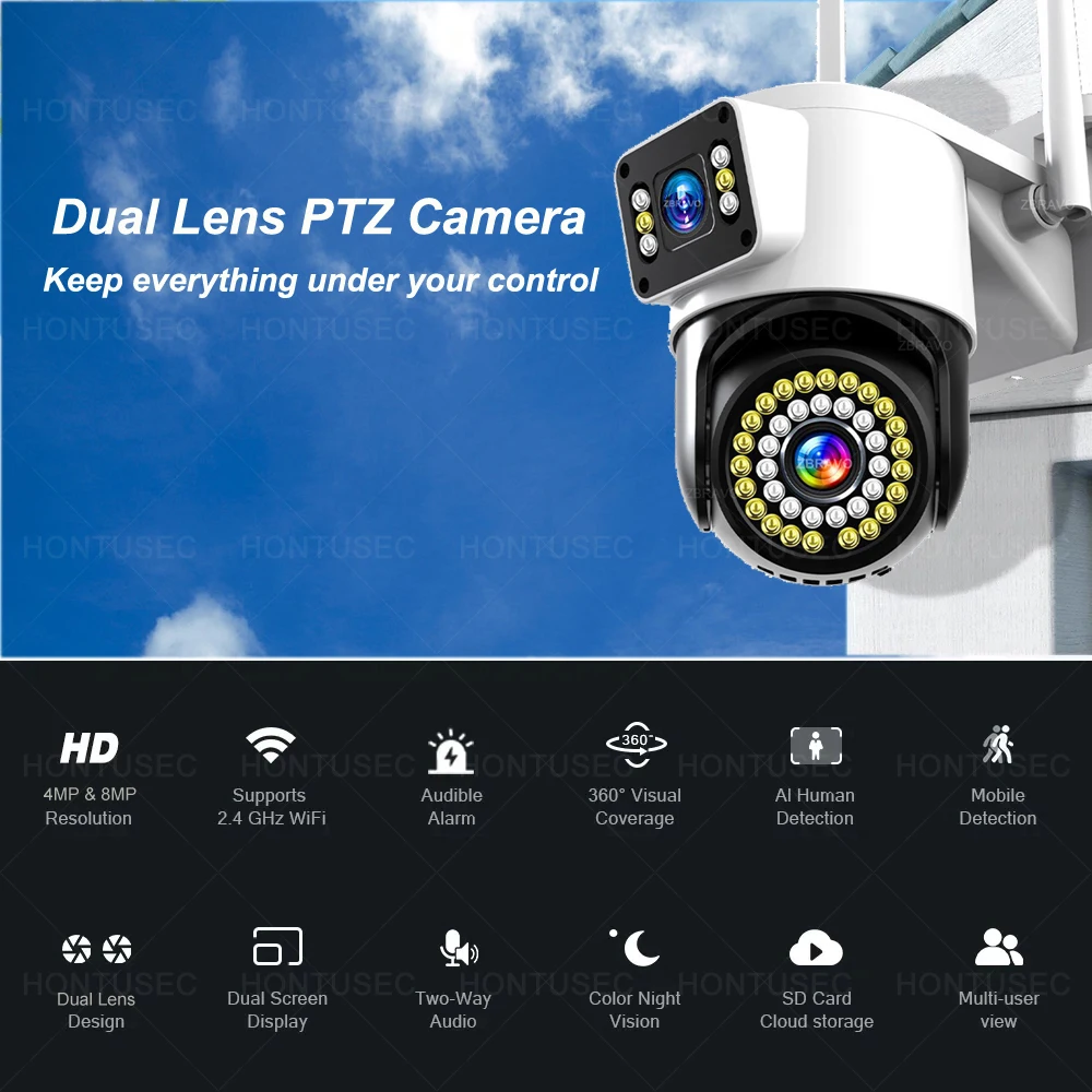 Yoosee 4K 8MP WiFi PTZ Camera Dual Screens AI Human Detection Outdoor Waterproof Color Night Vision Remote Smart Home Security