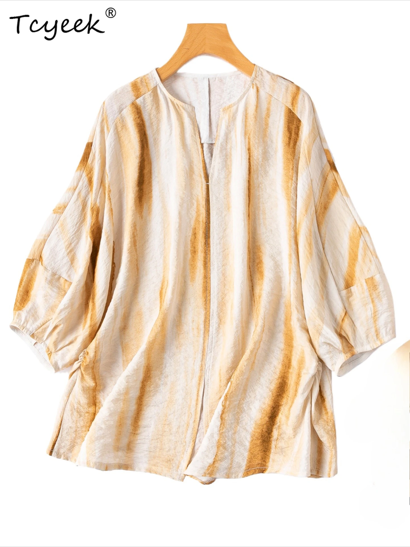 

Tcyeek 100% Real Mulberry Silk T-shirt Elegant Blouse Women Summer Clothes V-neck Womens Tops Loose Fit Print Blusa Feminina