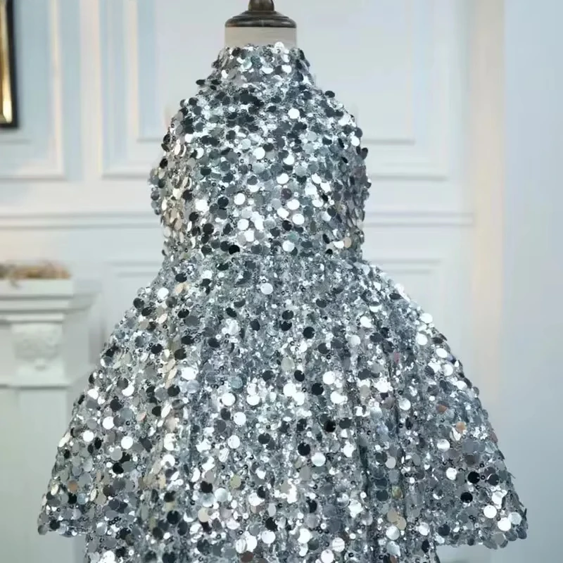 2025 Silver Sequins Girls Dress Children Party Child Clothes Vestido Elegant Dresses Female Birthday Host Model Catwalk Princess