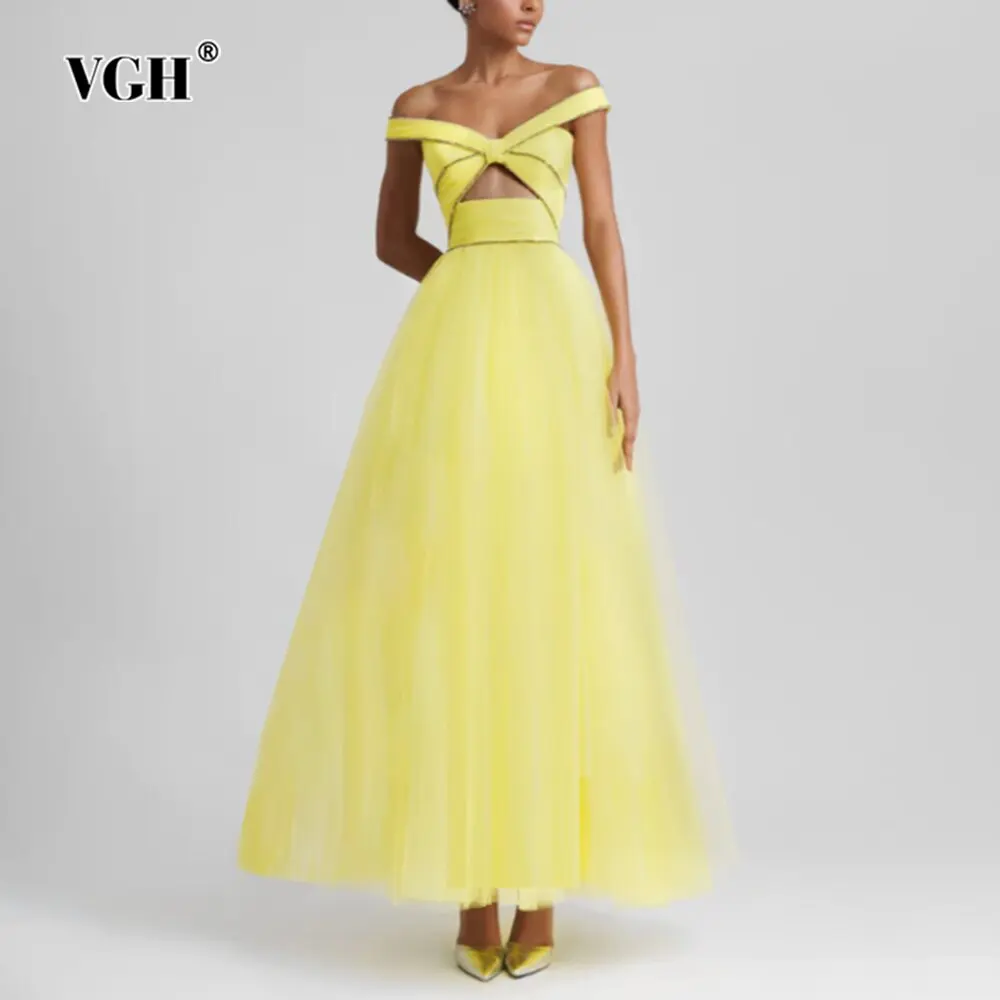 

VGH Hollow Out Solid Backless Mesh Dresses For Women V Neck Sleeveless High Waist Temperament Long Dress Female Fashion Style