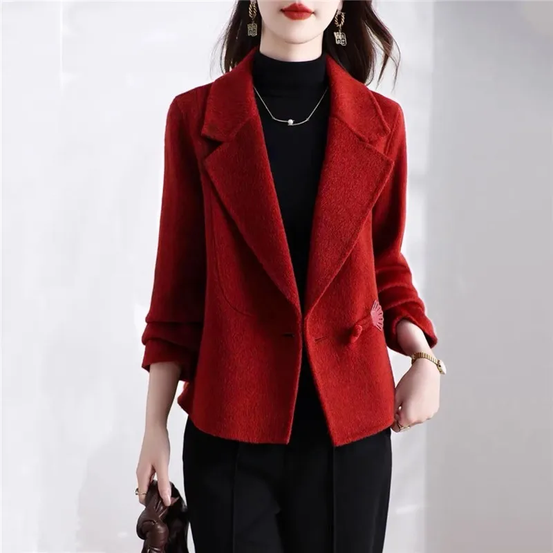 

Double-Sided Fleece Jacket Women Spring And Autumn New Fashion Suit Collar Eegant Short Woolen Coat Female Outerwear Tide B1416