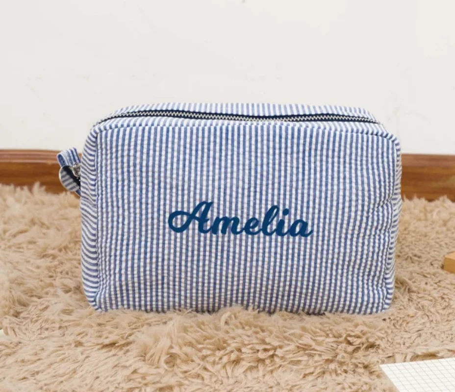 Personalized Seersucker Cosmetic Bag Monogrammed Toiletry Bag Bridal gift,Baby gift,Birthday Bag,Bridesmaid Makeup Bag