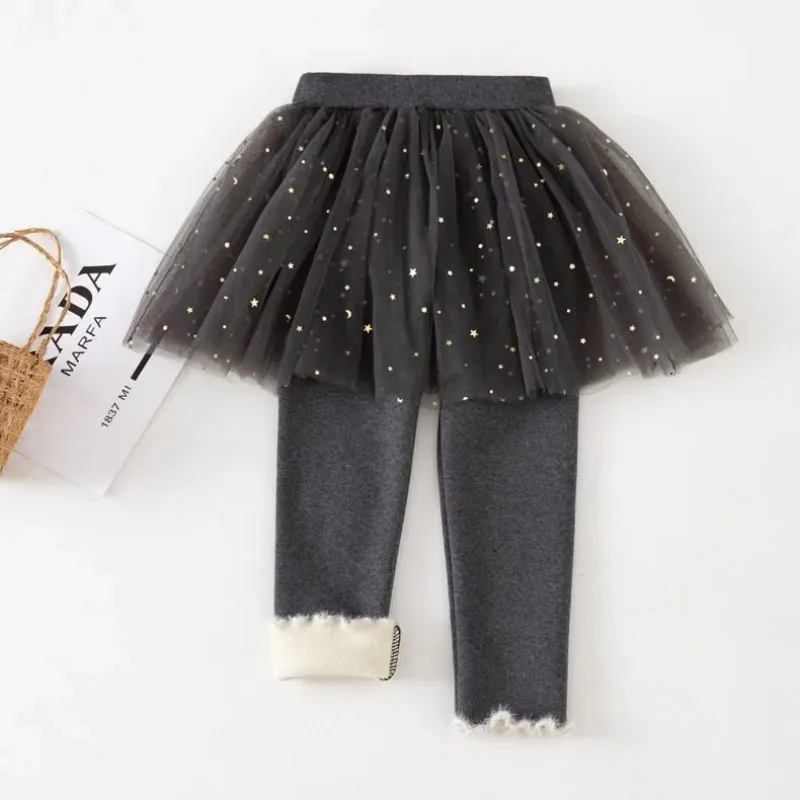 Girls Mesh Sequin Skirt Leggings Toddler Tutu Pants Footless Thick Velvet Tights 2-8 Years Kids Fashionable Leggings with Skirt