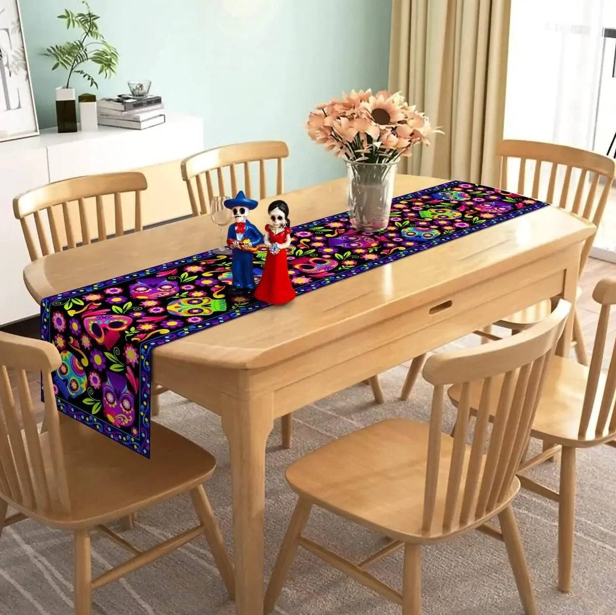 Mexican Day of The Dead Linen Table Runner Holiday Party Decor Sugar Skull Dia De Los Muertos Dining Table Runner Home Decor