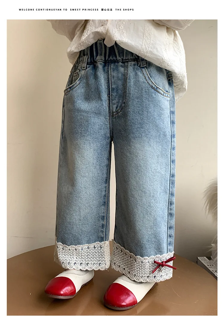 

2025 New Autumn Girls Denim Wide Leg Pants 2-7Y Children's Clothing Jeans with Lace Trim Bowknot Winter Casual Straight Trousers