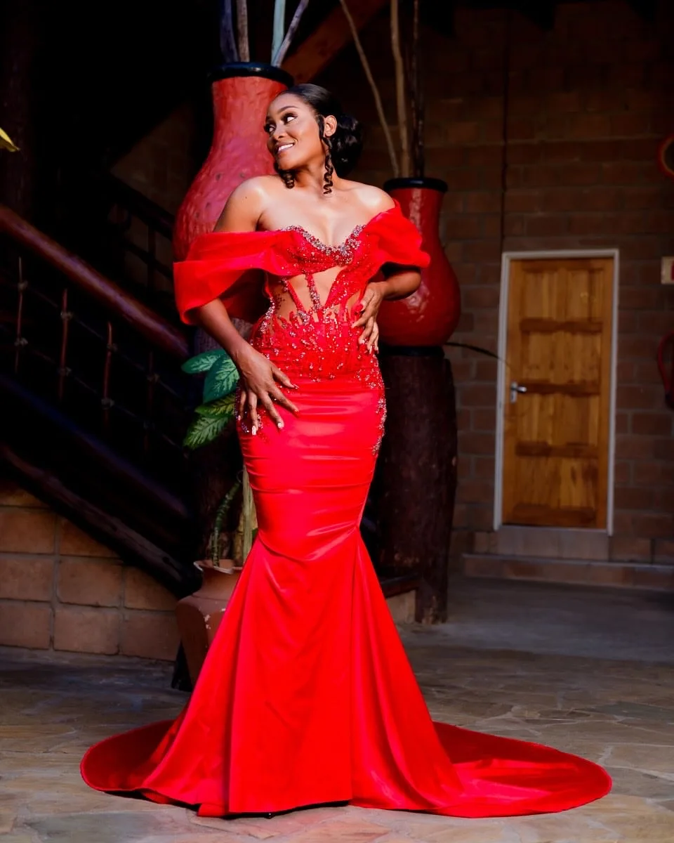 Sirena roja 2025 vestidos de fiesta apliques con cuentas satén noche Formal fiesta cumpleaños vestidos ZJ261