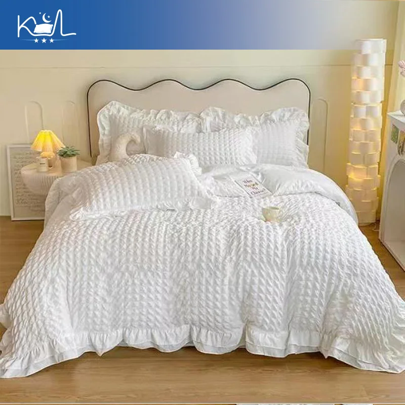 Princess Style INS Lace Trim Washed Seersucker Solid Color Duvet Cover Bed Sheet Bedding Set 3/4 Piece Dorm