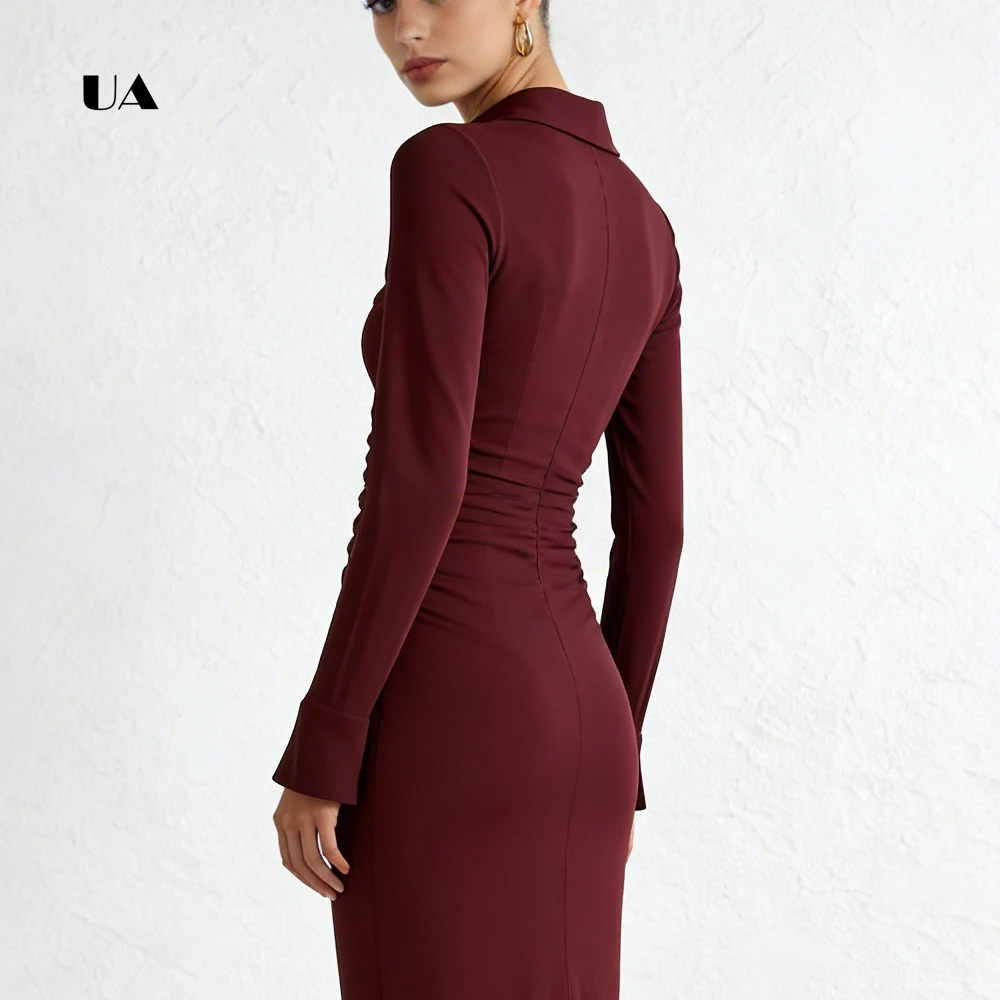 ULBYANRY Abendkleid mit geradem Knopf und langen ausgestellten Ärmeln, solides Abendkleid mit Umlegekragen, einfacher Schlitz, individuelles Partykleid