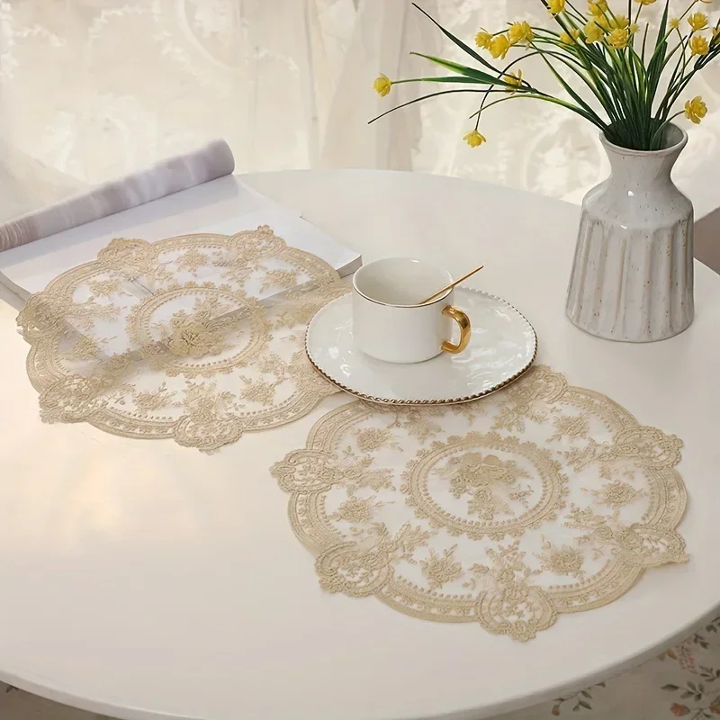 Vintage French Lace Placemat Coffee Dining Table Decor Mat Coasters Romantic Embroidered Ins Rustic European Bedside Table Mats