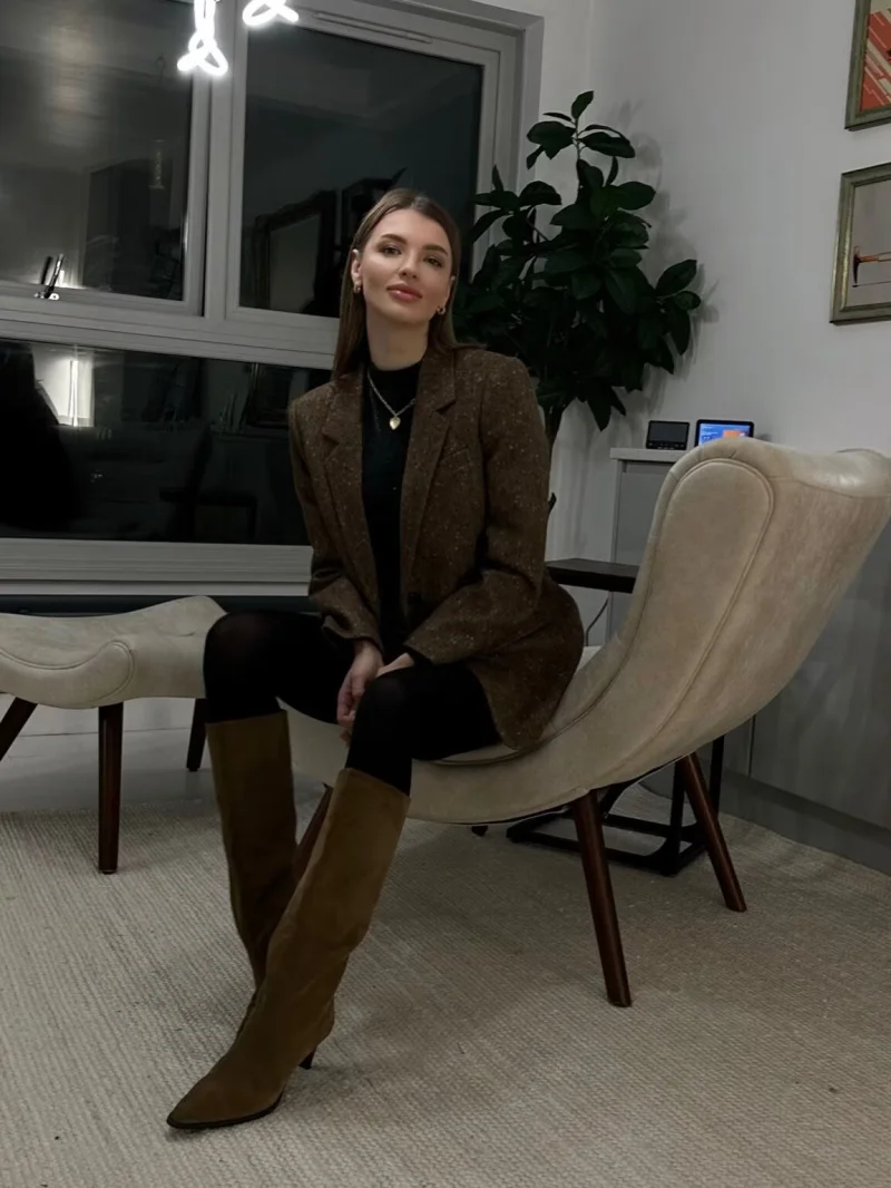 ETJ 2025 collection hiver femme Maillard couleur deux boutons mélange motif chevrons veste de costume décontractée