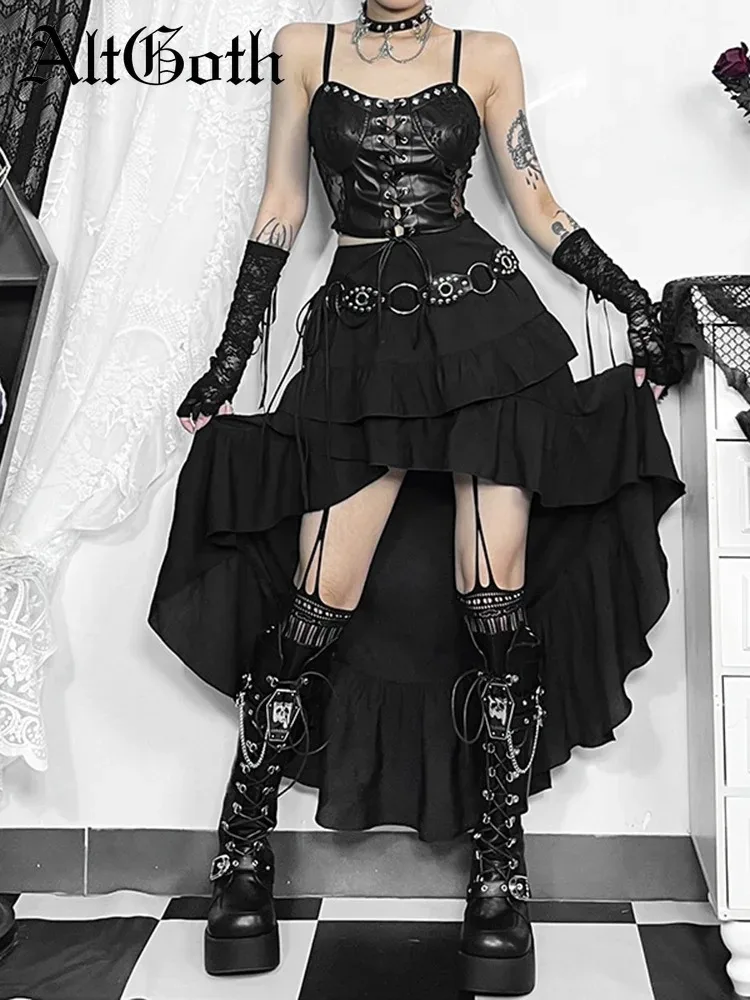 AltGoth Vintage Gothic Dark Velvet Dress Women Fairycore Grunge Lace Patchwork Trumpet Skirt Streetwear Partywear Emo Alt Skirts