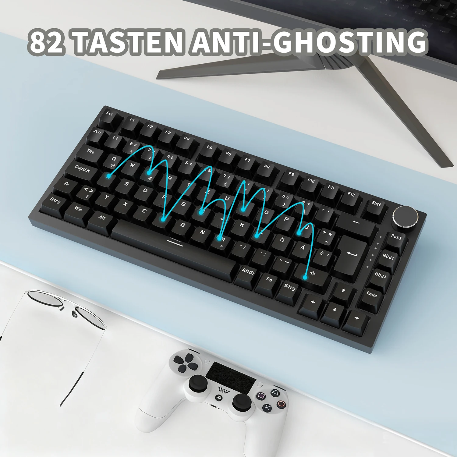 Duitse versie AJAZZ AK820 mechanisch gaming-toetsenbord, Duits toetsenbord, ISO-DE lay-out QWERTZ, hot-swappable volumeknop, cadeau voor de feestdagen