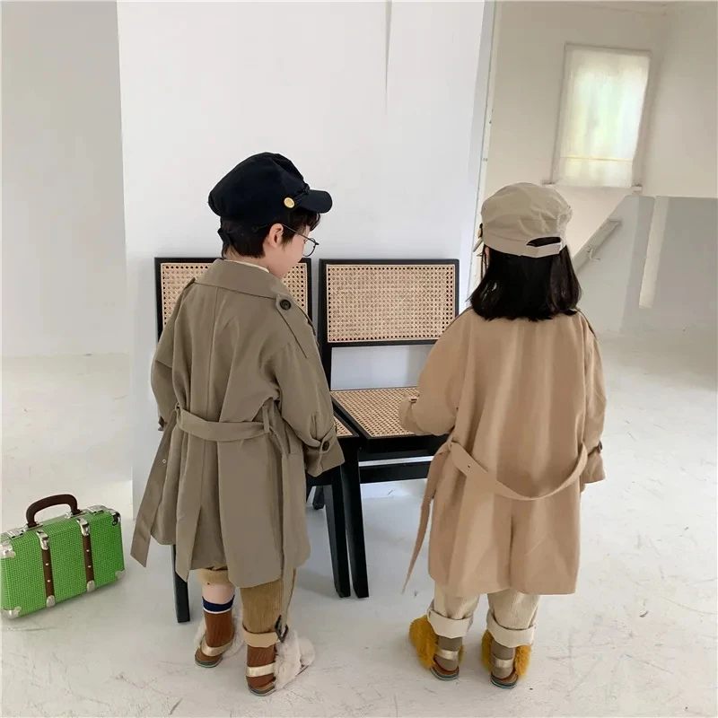 2-10Yrs Kids Trench Coat Spring Autumn Boys Girls Jacket Overcoat Long Sleeve Turn-Down Collar Children Windbreaker Top Clothes