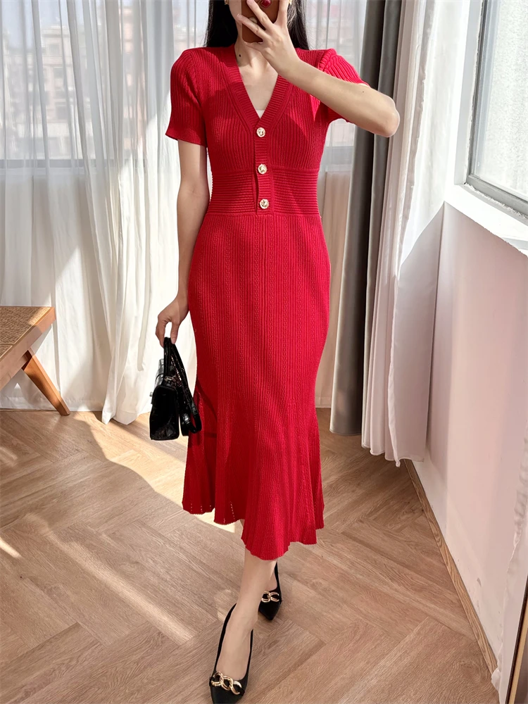 Women's Knit Red Long Dress, V-Neck, Slim Fit, A-Line, Elegant, High Street, Chic, Fashionable, Design, Trendy, Stylish, New SP